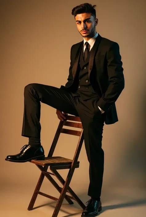 "A stylish editorial photograph of a young man in a sleek black suit with a tie, posing confidently on an old, worn-out metal folding chair. The man is balancing with one leg extended off the chair, exuding elegance and charisma. The lighting is soft and w...