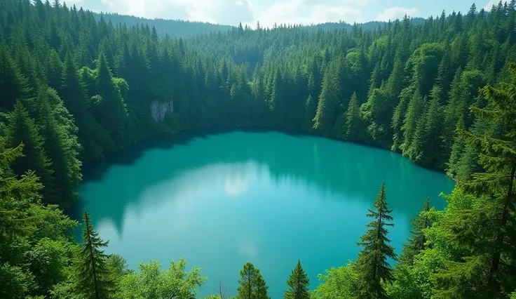 Blue Lake ,  8k Ultra HD ,  around a green forest, view from a height of 100m 