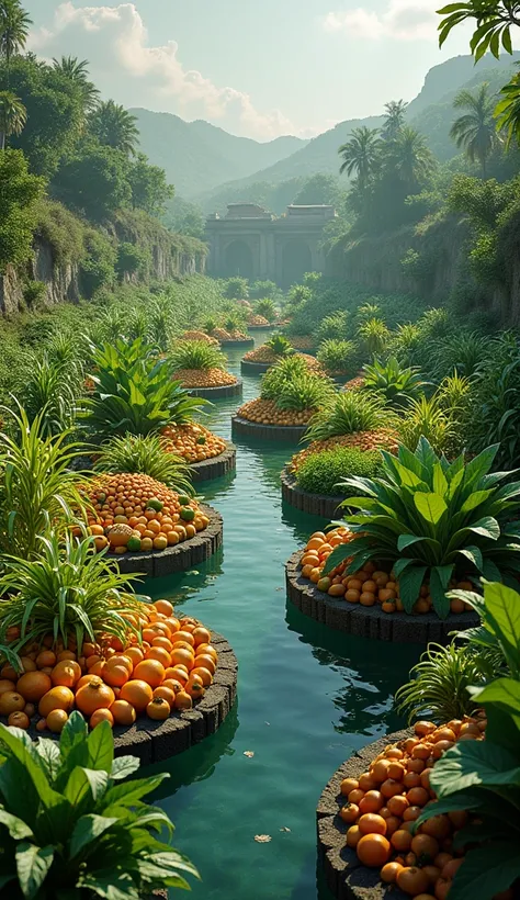 Create a photo that captures the Aztec chinampas Floating Islands crops and crops, foreground crops corn, beans, chiles, and squash, Floating Islands chinampas