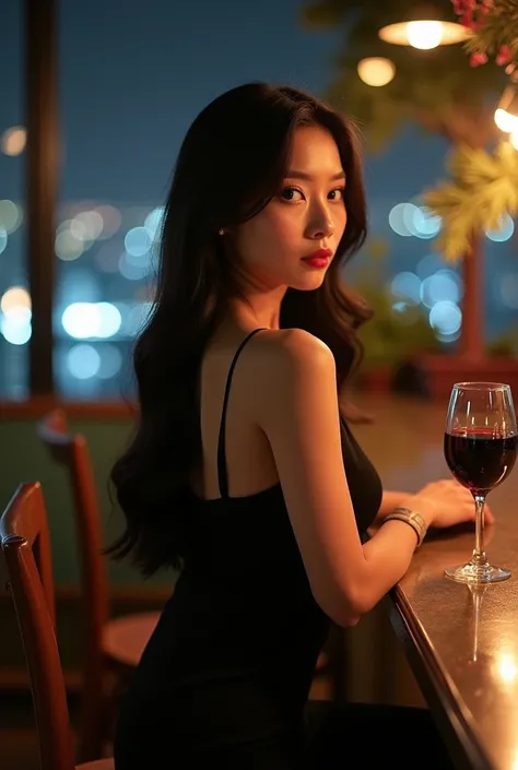 A photo of Yoon Seo-hyun sitting alone at a rooftop bar at counter, gazing outside the window. The photo is shot from behind, capturing her elegant and contemplative demeanor. She has an oval-shaped face with high cheekbones, flawless radiant skin, and cap...