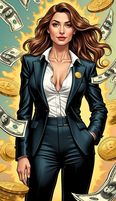 "A stylish adult woman, American, dressed in a professional and elegant outfit suitable for a business environment. She is surrounded by symbols of wealth and success, such as dollar bills or gold coins, presented in a comic book style with vibrant colors....