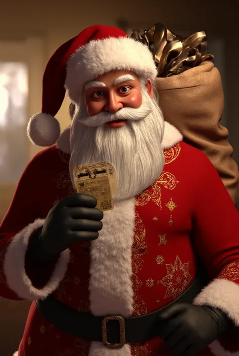 Realistic Santa Claus with a lottery ticket in his hand showing it and on his shoulder a bag full of gifts