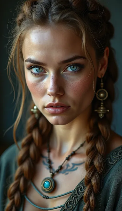 Portrait, beautiful, Viking woman, braids, blue eyes, jewelry, tribal tattoos, fantasy, intricate details, realistic, dramatic lighting, 8k