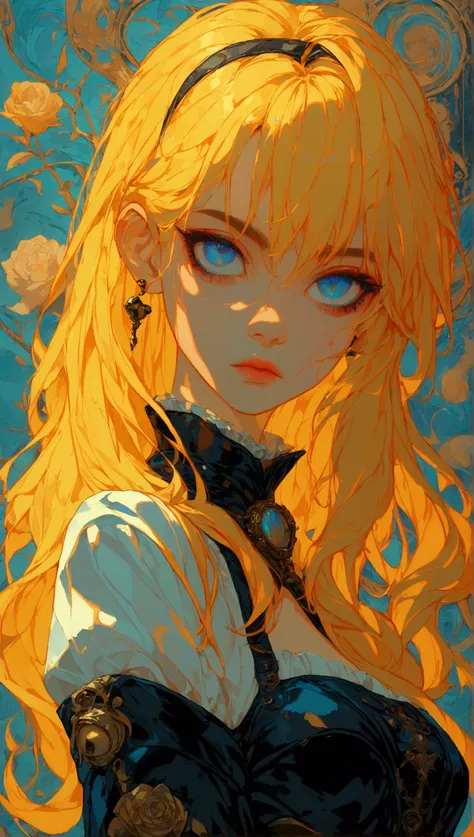 1 girl, yellow hair, blue eye,  Alice wonderland style , cyberpunk, orange and background , hand in pocket , black heels,  High resolution,  long hair ,  High resolution,  masterpiece, necessary,  anatomically correct,  Awarded many times,  Best quality , ...