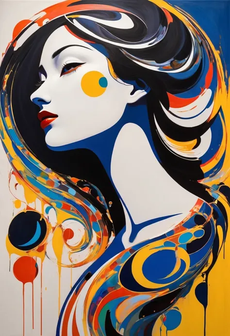 Paint a woman whose body forms an abstract eclipse, with swirling shapes and contrasting colors representing the convergence of light and shadow.