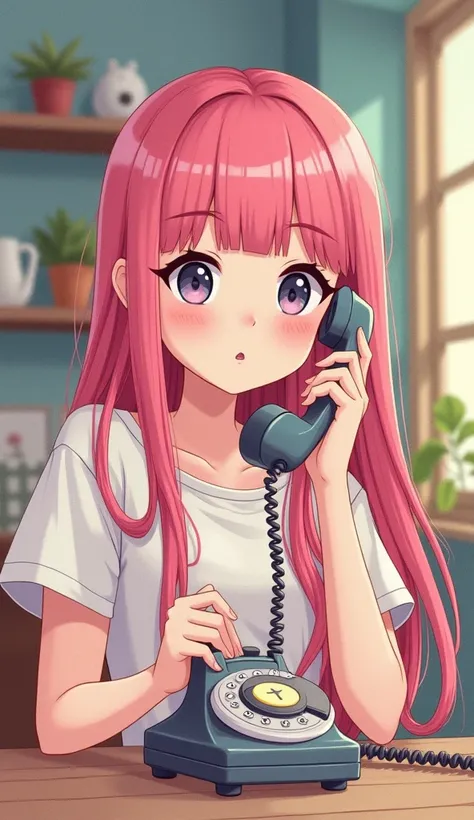 (((beautiful detailed)))(cute face:1.2)1girl, girl talking on a cutely shaped landline phone, Twists the phone cord , Interior with cute decorations,chill atmosphere, isometric, 
(sharp lines:1.2)(clear line:1.2)(eye details:1.3)(thick border:1.4) animatio...