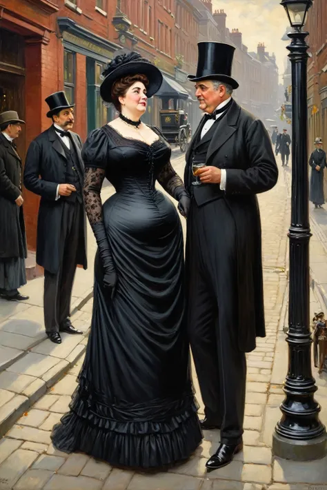 Full body view, a tall, plump, voluptuous buxom, fully figured, mature victorian widow in a black dress having a  conversation with a eldely gentleman at a street corner, oil painting