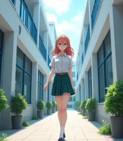 A 17-year-old anime-style girl , To Love Ru,  walking in the outside corridors of a huge 4-story white school with blue tinted windows with medium-sized flower pots in the surrounding area,  with some students in the surrounding area wearing the same unifo...