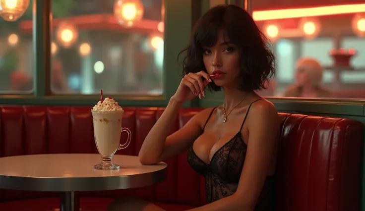 A quiet scene of a sexy and big breast dream girl sitting alone in a corner booth, sipping a milkshake, her thoughtful expression illuminated by the soft glow of the diner lights.