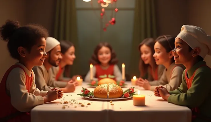 realistic digital art in 3D, A simple Christmas table ,  with a bread broken in the center ,  surrounded by people from different backgrounds , united around the table,  reflecting the true essence of Christmas:  unity and unconditional love .