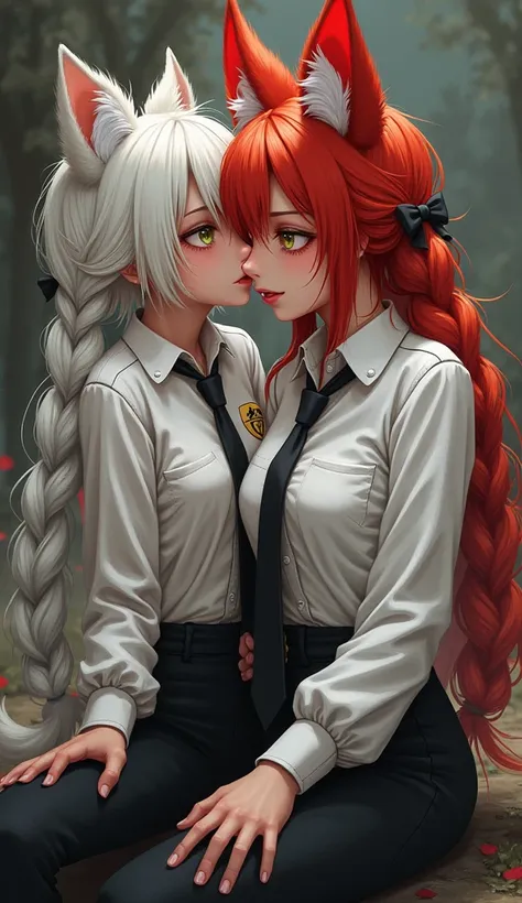  Open mouth,(kiss), best quality ,  insanely detailed ,1 ,1 boy, sitting,In flight and  (1 boy:1.4)  blonde hair , VALUABLE (chainsaw man),E 1 ,hands (chainsaw man),  best quality ,  ultra detailed, 1 , , standing,  red hair ,  long braided hair,  golden e...