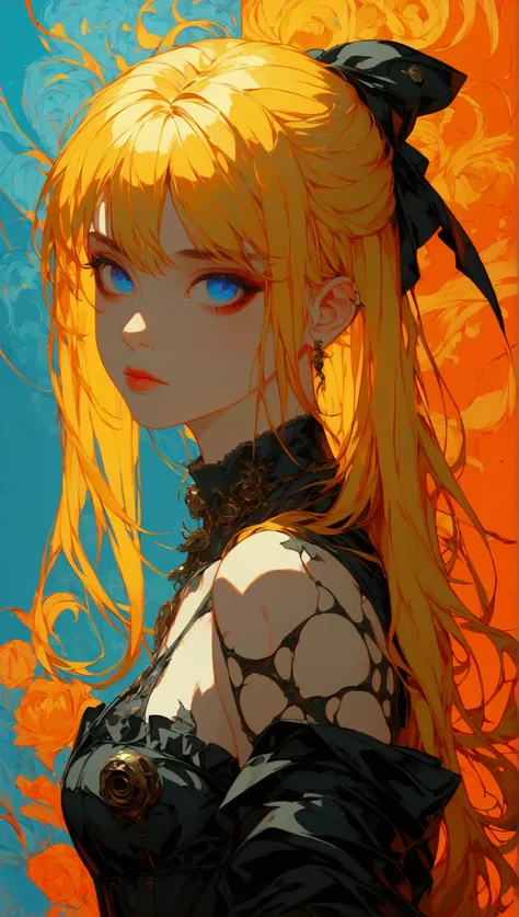 1 girl, yellow hair, blue eye,  Alice wonderland style , cyberpunk, orange and background , hand in pocket , black heels,  High resolution,  long hair ,  High resolution,  masterpiece, necessary,  anatomically correct,  Awarded many times,  Best quality , ...