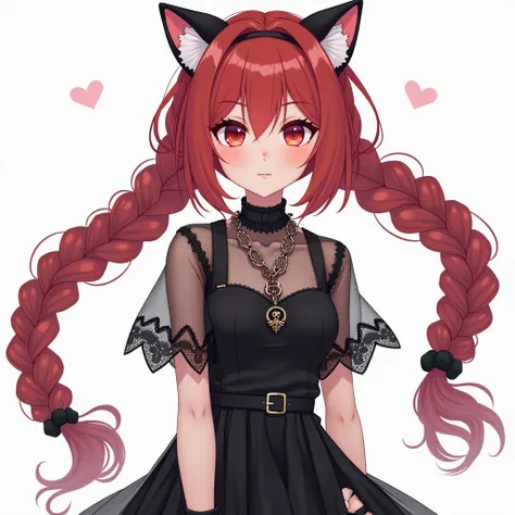  create a 2D image of a girl ,   anime, ,    with hair composed of two huge braids behind   ,    hair color red with medium-low saturation   , Classic fringe , white pele,    two strands on top of the hair   ,  Light red eyes,   very light freckles under t...