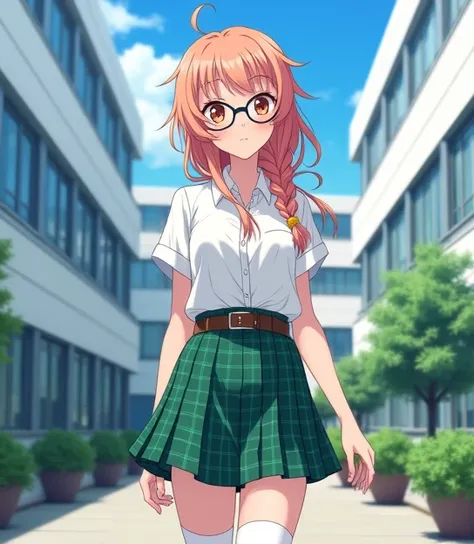 A 17-year-old anime-style girl , To Love Ru,  walking in the outdoor corridors of a huge 4-story white school with blue tinted windows with medium-sized flower pots in the surrounding area,  with some students in the surrounding area wearing the same unifo...