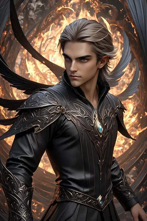 Wallpaper 3d,  male face ,  tanned skin, gray eyes, light brown hair, elf ,black wings on his back, sinister expression, rostro masculino y inviting,  without profiled features , inviting,  fantasy style dark magic, surrounded by dark and evil magic