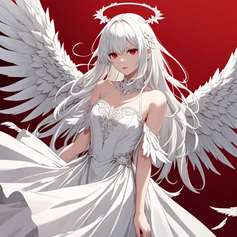 a female fallen angel with long white hair, red eyes, white wings, white dress, red background