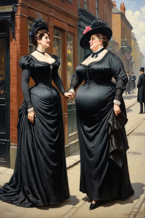 Full body view, a tall, plump, voluptuous buxom, fully figured, mature victorian widow in a black dress having a  conversation with a eldely gentleman at a street corner, oil painting