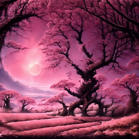 A breathtaking fantasy night scene on an alien planet: a glowing river reflects a radiant pink moon, surrounded by lush landscapes. A vibrant blue cherry blossom tree with petals gently drifting in the air stands majestically near the riverbank. Towering m...