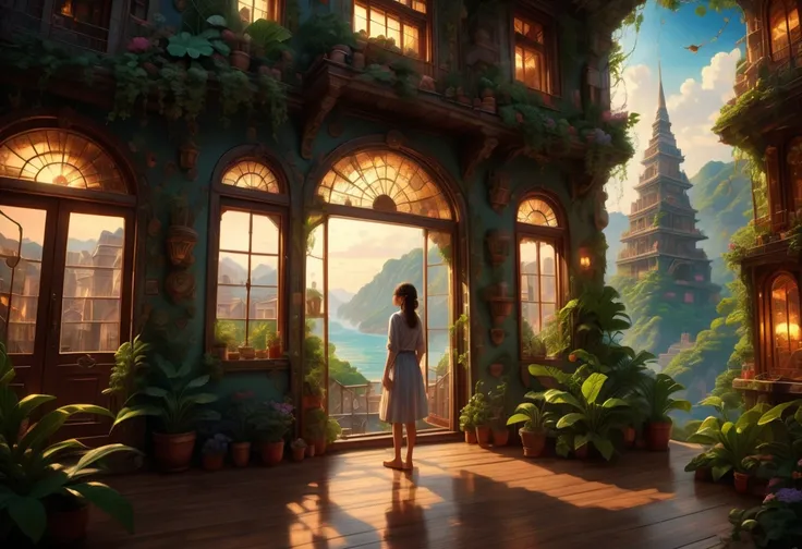 1girl, The View Outside the Window, The view through a window to a magical world, Epic cinematic brilliant stunning intricate meticulously detailed dramatic atmospheric maximalist digital matte painting . masterpiece, best quality, very aesthetic, absurdre...