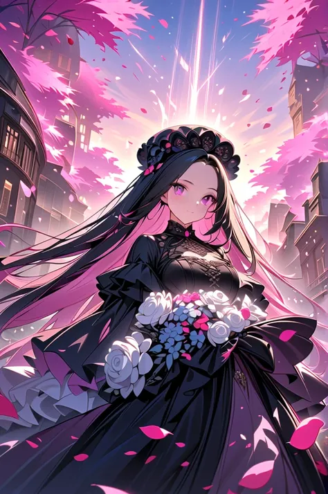 1 girl,,face not visible, black gothic dress ,Black hat,White bouquet ,(holding White bouquet ),Standing,forehead,( black petals flying in profusion),Petal rain , Lots of petals , countless petals , petals floating in the air ,Art Deco, Colored field paint...