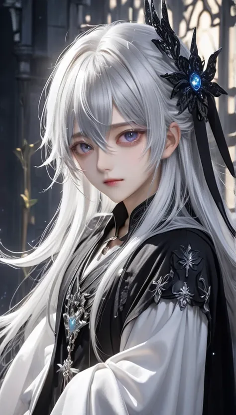  has long flowing silver-white hair 、Please depict it realistically and cinematically。Characters are full of confidence、 standing slightly leaning forward 、 has a mysterious smile 。 enhances the characters mystical, almost supernatural presence, which is r...