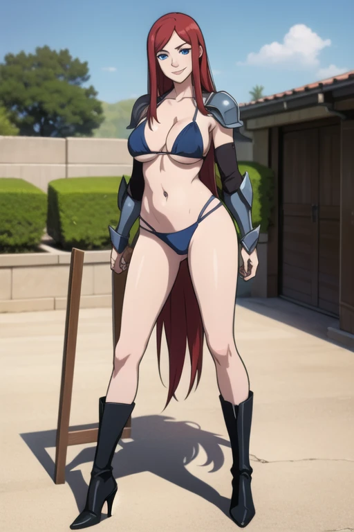 Kushina, long hair, red hair, blue eyes, mature female, large breasts, bikini armor, high heels boots, smile