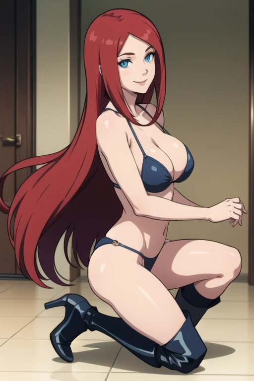 Kushina, long hair, red hair, blue eyes, mature female, large breasts, bikini armor, high heels boots, smile