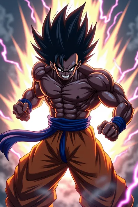 Gotenks with dark skin tone in a dynamic fighting pose.