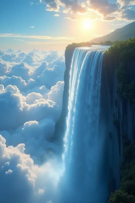 A breathtaking, hyperrealistic 8K image of a celestial waterfall cascading from a clifftop into a sea of clouds. The sky is filled with vibrant blue hues and fluffy white clouds, illuminated by a bright, golden sun. The waterfall is crystal-clear and dynam...