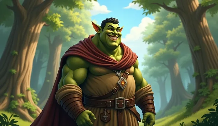 A sturdy man with greenish skin ,  small, round ears that project out , Wearing a simple medieval outfit,  composed of a brown robe and a wide belt .  He has a friendly smile and a friendly expression ,  in a magical forest environment with tall trees and ...