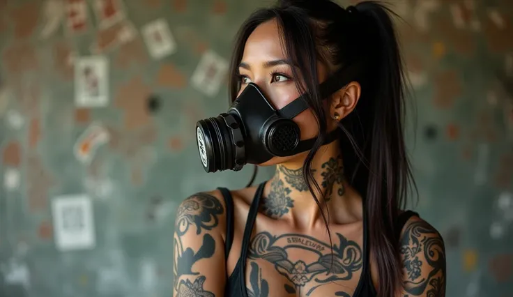  young woman　Tattoo The background is a wall with graphics written on it　Big Breasts　 sexy high definition,  long hair, ponytail ,  open her mouth ,   wearing a gas mask　Beautiful eyes are a symbol , 銃を持っている