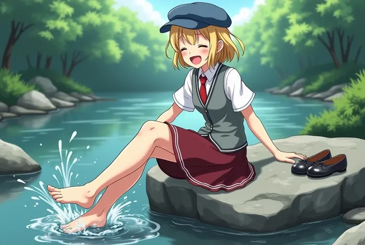 Anime teenage tomboy girl laughing barefeet, short blonde hair, blue grey newsboy cap, light grey vest, white blouse, red tie, dark red skirt with white strip, shoes removed, sitting on large rock in a river, splashing feet in the water, stretching left le...