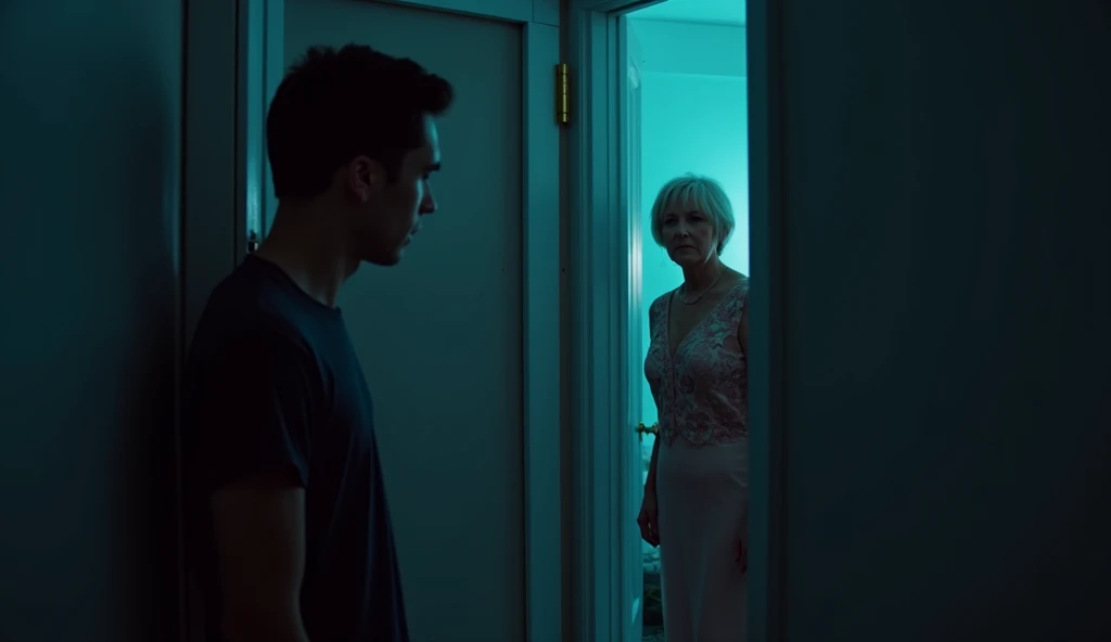 The scene features a dimly lit room with a younger man, around 26 years old, peeking from behind a door, his face showing shock and fear. In the room, a mysterious and elegant 50 year older woman, representing the stepmom, is standing with a man. The light...