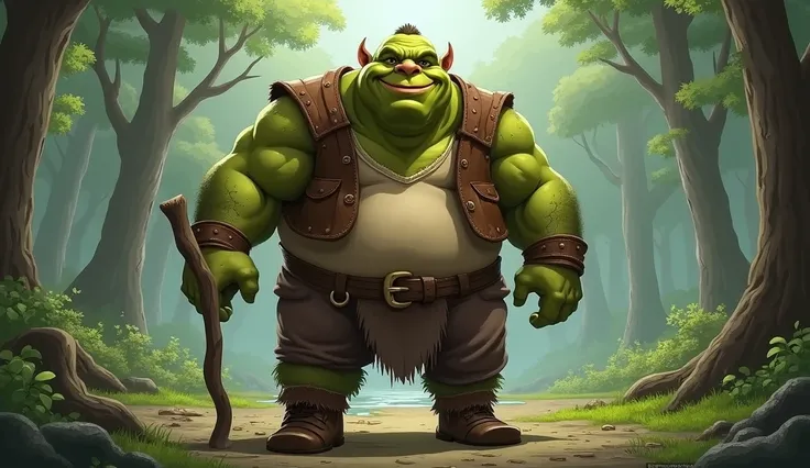 A large and sturdy ogre with green skin , rounded head and ears shaped like small cones that protrude sideways.  He wears a brown leather vest over a simple beige shirt ,  with brown pants and frayed leather boots .  The ogre stands in a forest clearing , ...