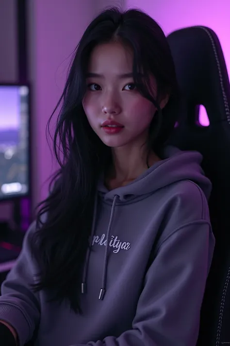 A beautiful Korean woman with long hair , sitting in a gaming chair wearing a dark purple hoodie with a name on it " Irma Aditya"