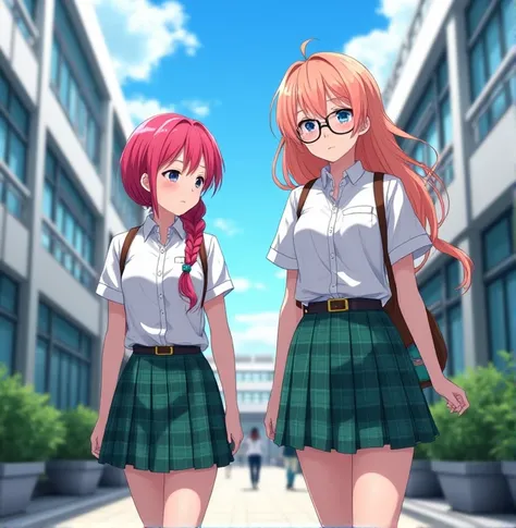  Two 17-year-old anime-style girls , To Love Ru,  walking in the outdoor corridors of a huge 4-story white school with blue tinted windows with medium-sized flower pots in the surrounding area,  with some students in the surrounding area wearing the same u...