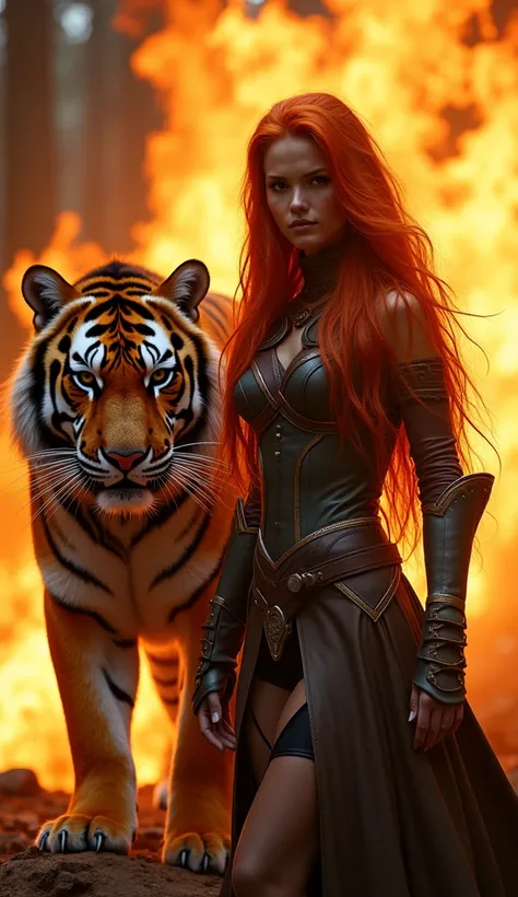  The image shows a woman with long red hair ,  standing next to a majestic tiger .  Both have an intense and powerful expression ,  reflecting a strong connection between them .  The background is dominated by vibrant flames ,  that illuminate the Scene an...