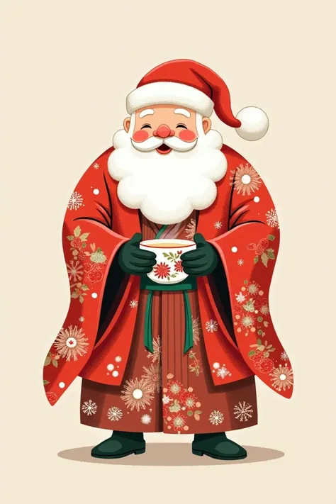 Santa Claus with a kimono holding a Christmas cup in his hand
Simple illustration