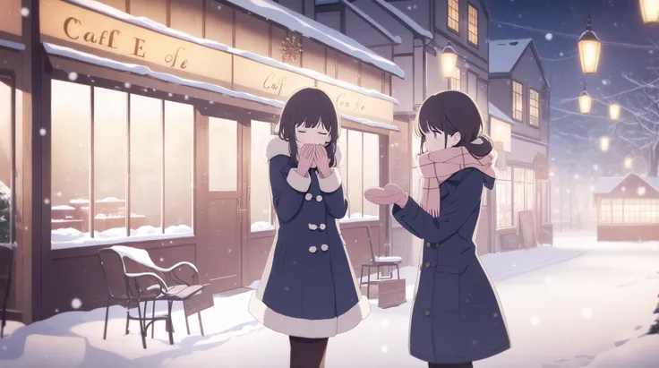 An anime-style illustration of a young girl standing in front of a cozy café on a snowy evening. She has short, dark hair and wears a warm coat with a fluffy scarf and mittens. The girl looks cold, her breath visible in the chilly air as she cups her hands...