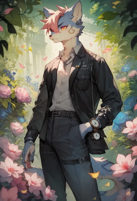 (cover page, best quality, high resolution, ultra-detailed)silhouett(kemono, furry anthro)holding striking pocket watch, surrounded by flowers, snakes and darkness, illustrative rendering, intricate details, mysterious atmosphere, vibrant colors, dynamic l...