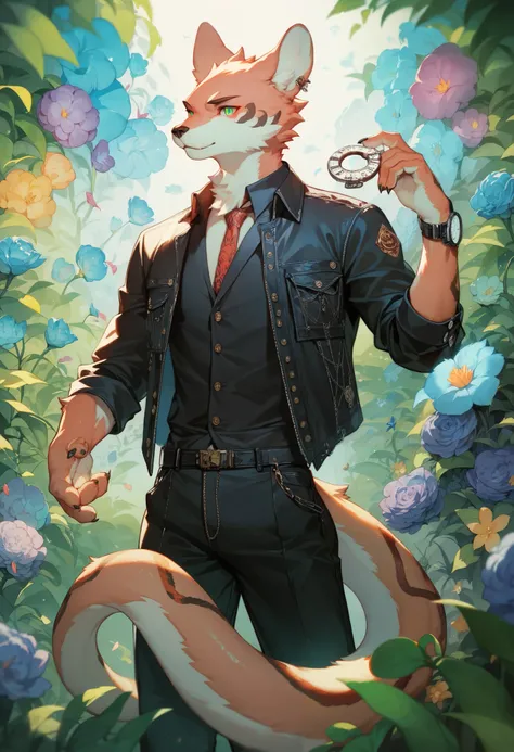 (cover page, best quality, high resolution, ultra-detailed)silhouett(kemono, furry anthro)holding striking pocket watch, surrounded by flowers, snakes and darkness, illustrative rendering, intricate details, mysterious atmosphere, vibrant colors, dynamic l...