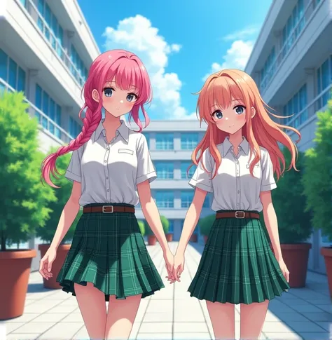  Two 17-year-old anime-style girls , To Love Ru,  walking in the outdoor corridors of a huge 4-story white school with blue tinted windows with medium-sized flower pots in the surrounding area,  with some students in the surrounding area wearing the same u...