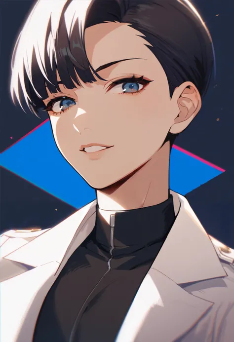 score_9, score_8_up, score_7_up, portrait, close-up:face and neck, Guy, thin body, light facial features, feminine facial features, body structure in a triangle composition: narrow shoulders, wide hips and a pronounced waist, asymmetrical short haircut wit...