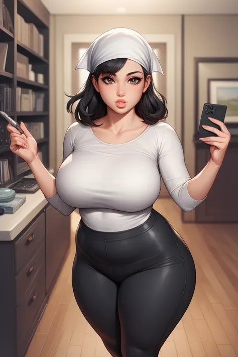 score_9, score_8_up, score_7_up, score_6_up, score_5_up, score_4_up, source_anime, high contrast, 1girl, adult woman, average body fat percentage, full lips, brown eyes, (medium length hair, black hair, head scarf, leggings pants, shirt,) (very curvy, big ...