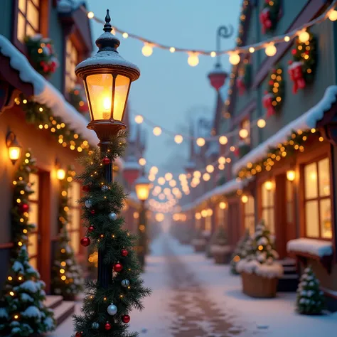 The scene captures a charming street richly adorned with festive holiday decorations. A vintage lamp post, wrapped in garlands and ornaments, foregrounds a view filled with twinkling string lights that stretch across the street, casting a warm glow over th...