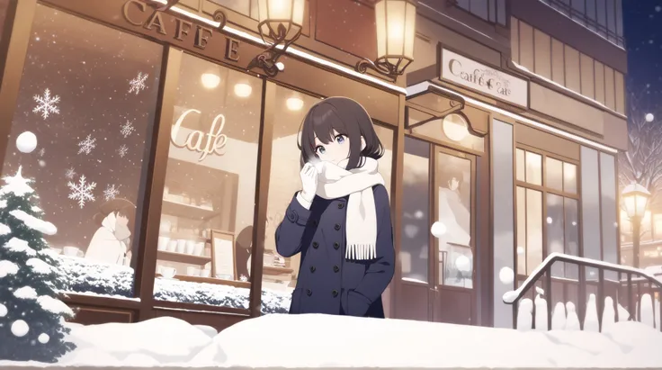 An anime-style illustration of a young woman standing in front of a cozy café on a snowy evening. She has shoulder-length, dark hair and wears a stylish wool coat with a fluffy scarf and elegant gloves. The woman looks cold, her breath visible in the chill...