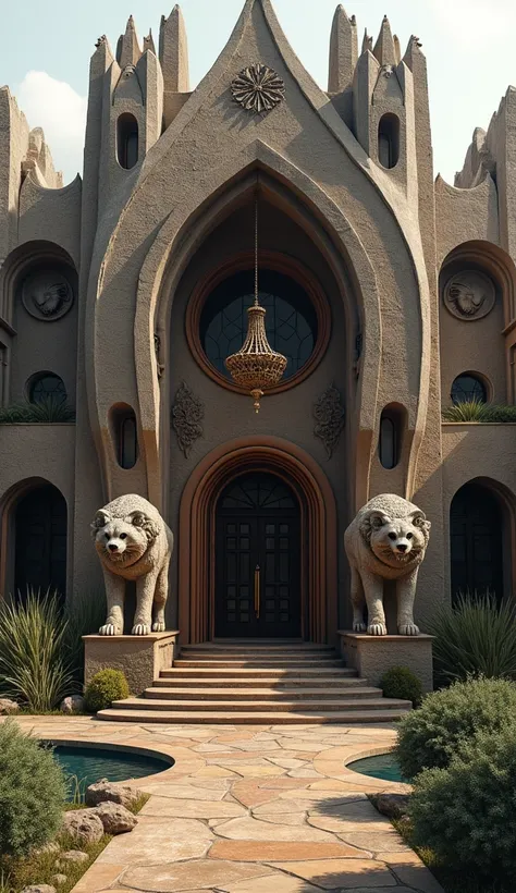 "Design an ultra-luxurious, ultra-realistic mansion inspired by the wild and fascinating nature of the hyena. The architecture should blend strength with a sense of primal mystery, using rough, textured stone and dark, earthy tones like deep browns, grays,...