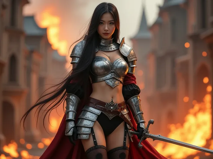 Beautiful Korean female warriors with straight hair, silver, sexy European armor, belly piercings, black panties and black stockings, holding a sword and burning European background, showing the most realistic stocking legs, the army of female warriors