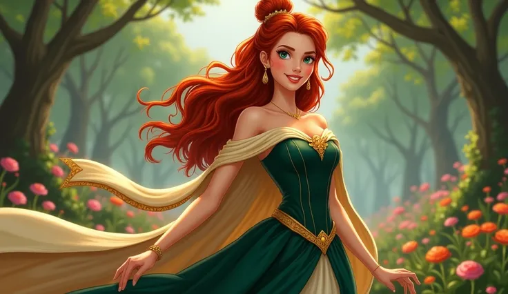  A princess with red and wavy hair ,  tied in a high bun ,  wearing a long dark green dress with gold details and a light cape that floats softly behind her. She has a confident and determined expression, with a slight smile on her face.  Her eyes are brig...