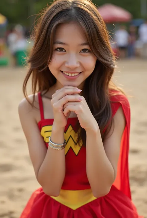 ( wonder woman とスーパーガール。(  Get On All Fours ,  looking at the camera。Laugh with hand on chin。))
(On the left is Japanese、cute、 wonder woman 。)  brown hair、  Masterpiece 、Beautiful girl、  beautiful eyes 、 Eyes Swollen 、 Light of Hope 、 best quality、超 high d...